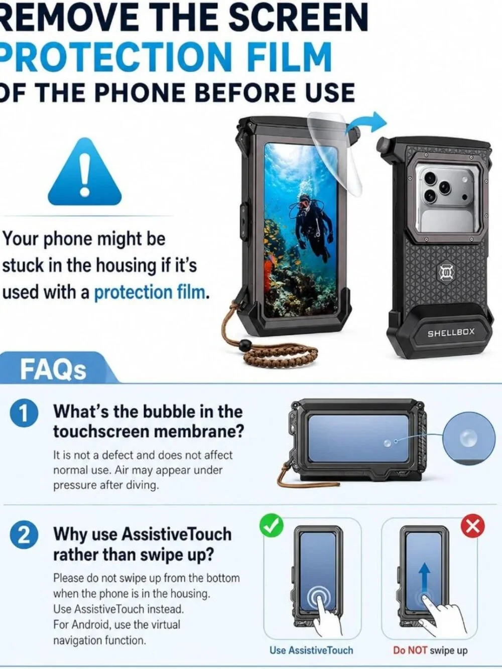 Waterproof Snorkeling Phone Case, 100ft/30m Depth, Universal Fit, Black